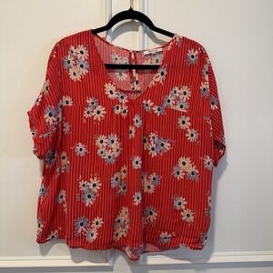 Madewell‎ Blouse Top Womens Large Red White Striped Floral 100% Viscose Pullover